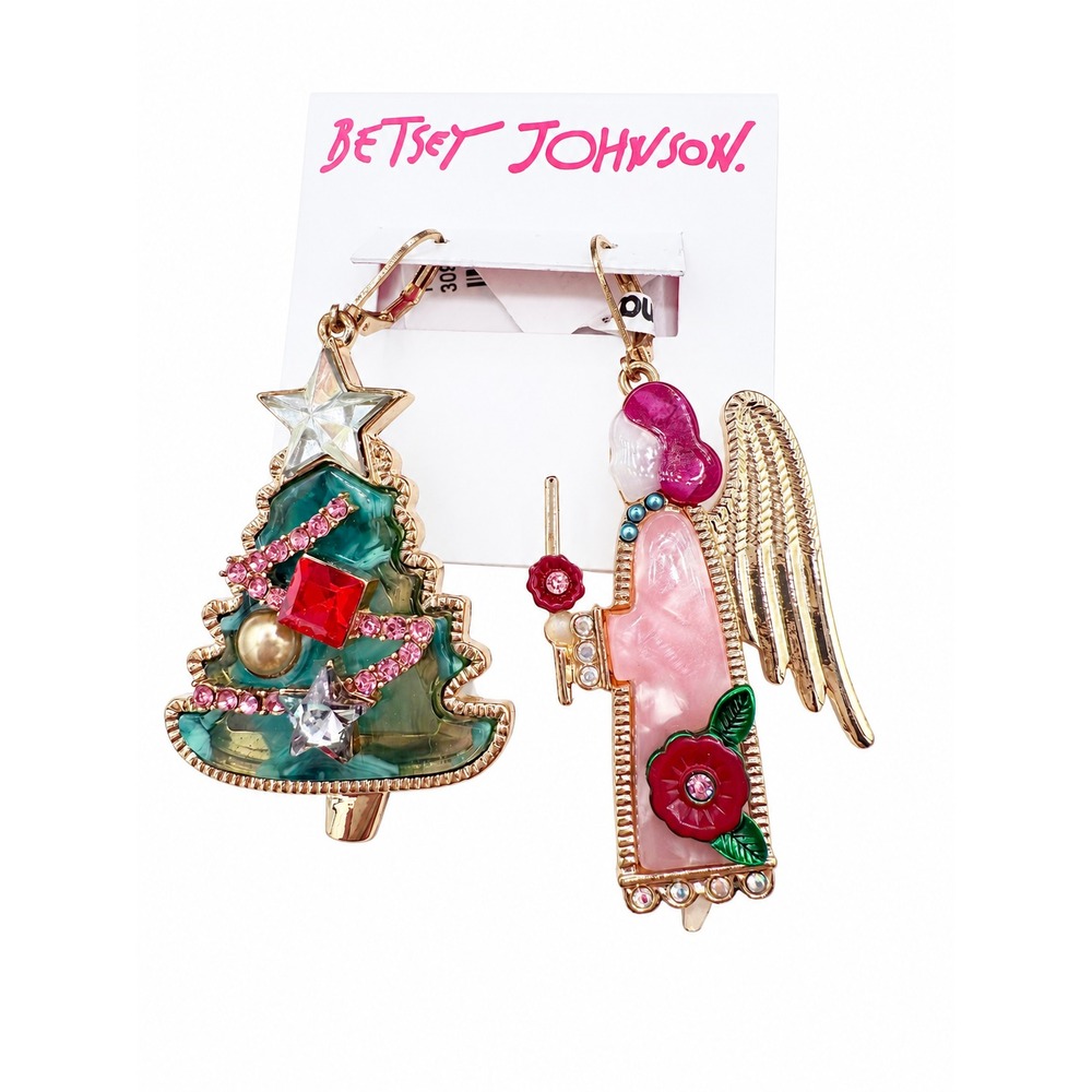 Betsey Johnson Feliz Navidad Christmas Tree & Angel Mismatch Drop Earrings NWT